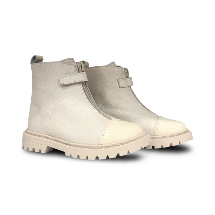 Andanines Cream Patent Cap Toe Bootie