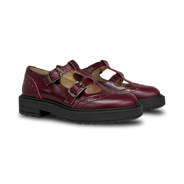 Beberlis Burgundy Double Buckle T-Strap