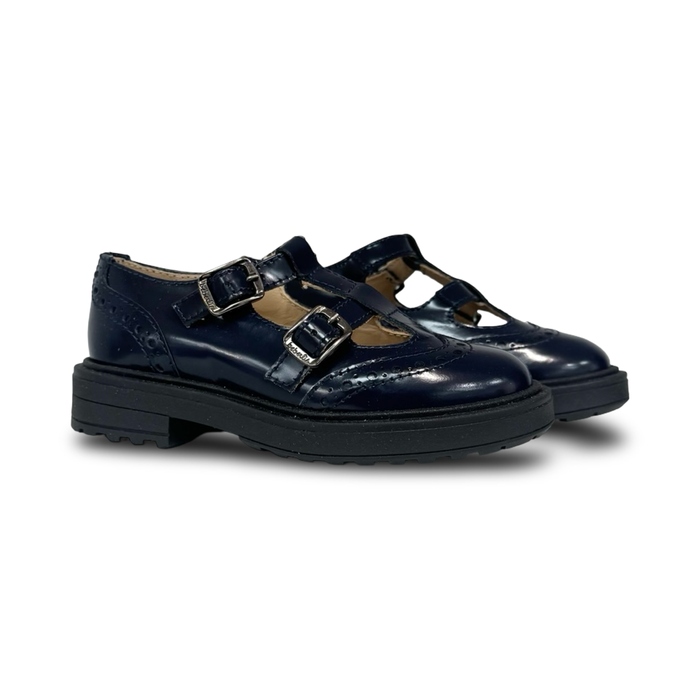 Beberlis Navy Wingtip Double School T-Strap