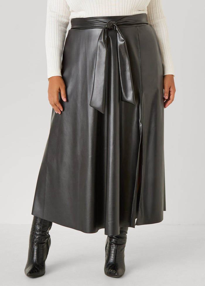 Belted Faux Leather Maxi Skirt