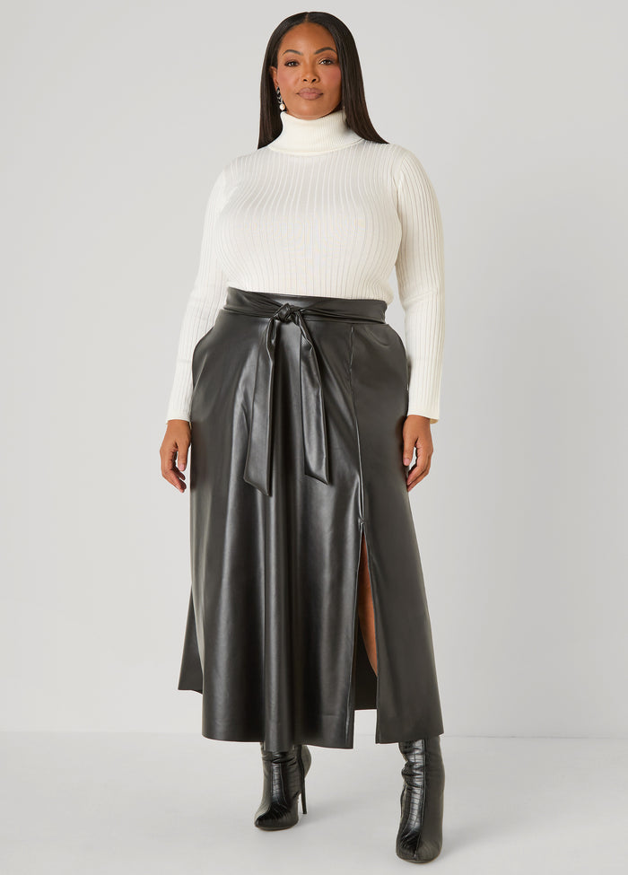 Belted Faux Leather Maxi Skirt