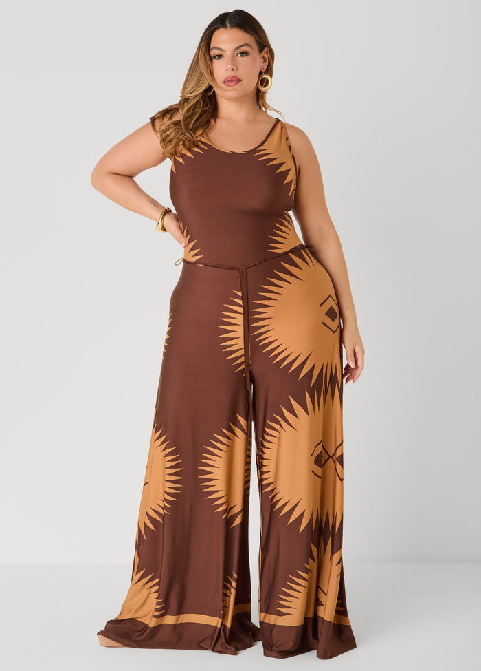 Belted Printed Wide Leg Jumpsuit
