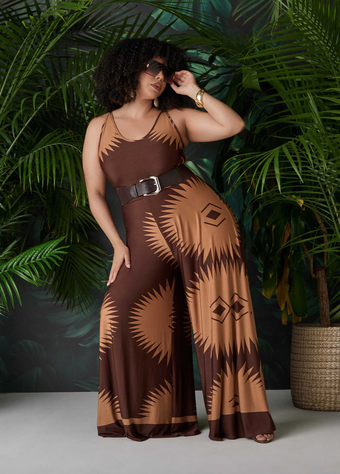 Belted Printed Wide Leg Jumpsuit