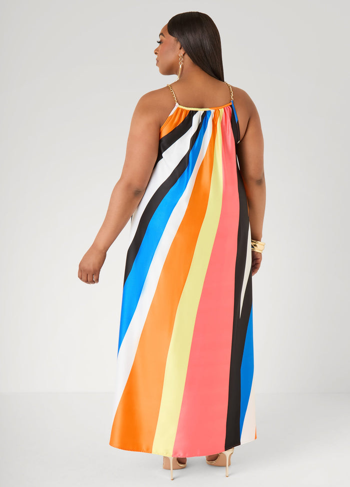 Chain Trimmed Striped Maxi Dress