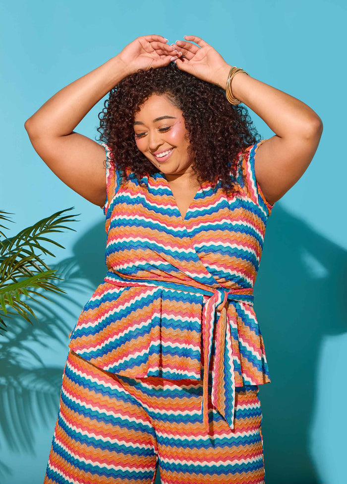 Plus Size Chevron Wrap Top Zig Zag Short Sleeve Knit Peplum Blouse Set