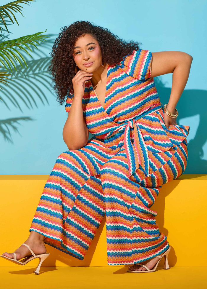 Plus Size Chevron Wrap Top Zig Zag Short Sleeve Knit Peplum Blouse Set