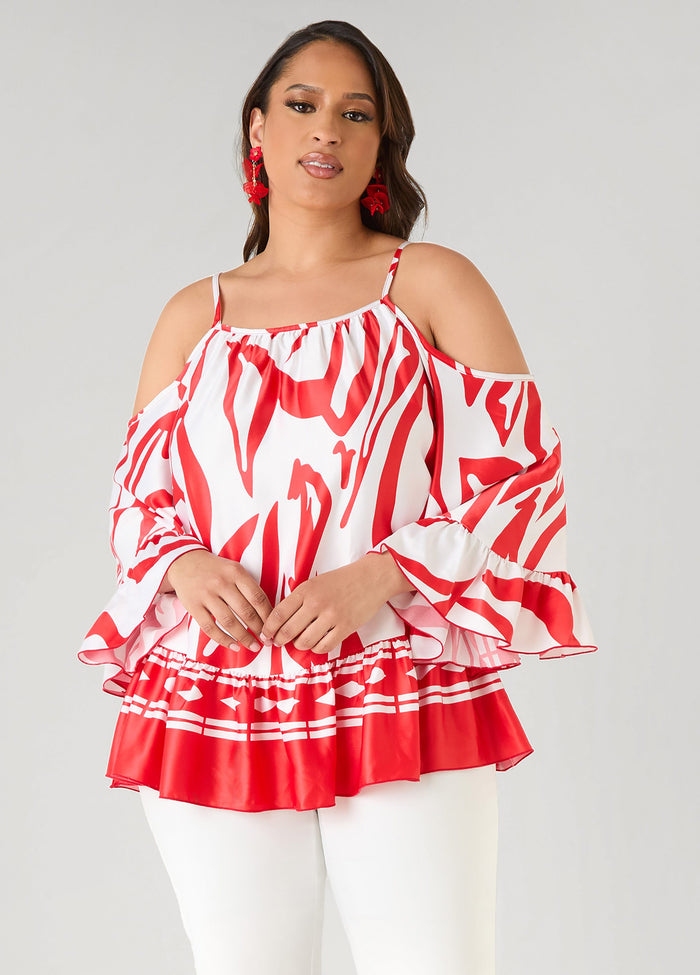 Cold Shoulder Printed Satin Blouse