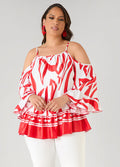Cold Shoulder Printed Satin Blouse