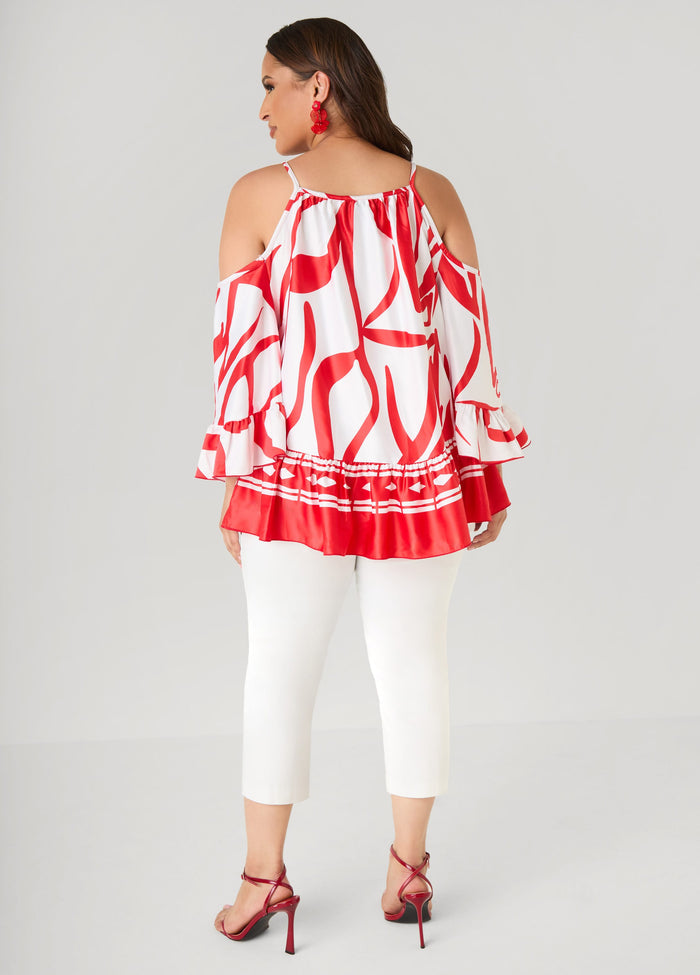 Cold Shoulder Printed Satin Blouse