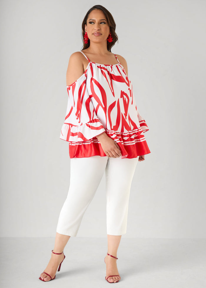 Cold Shoulder Printed Satin Blouse