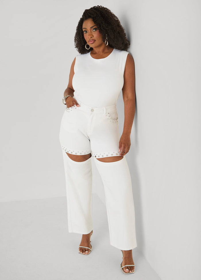 Cutout Studded Straight Leg Jeans