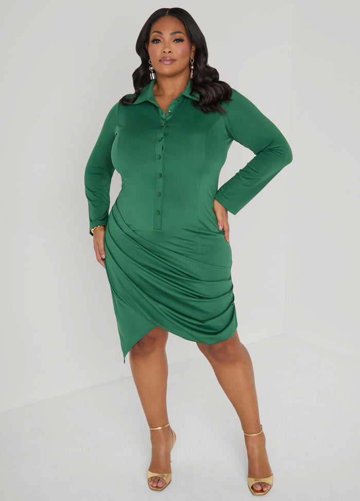 Draped Stretch Knit Shirtdress