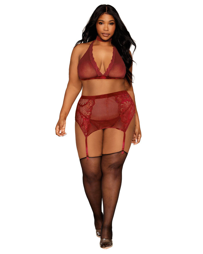 Dreamgirl Velvet Trimmed Bralette And Garter Set