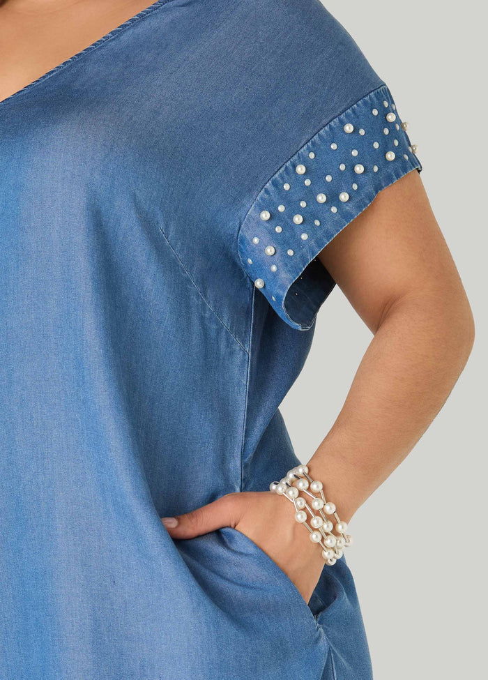 Faux Pearl Chambray Dress