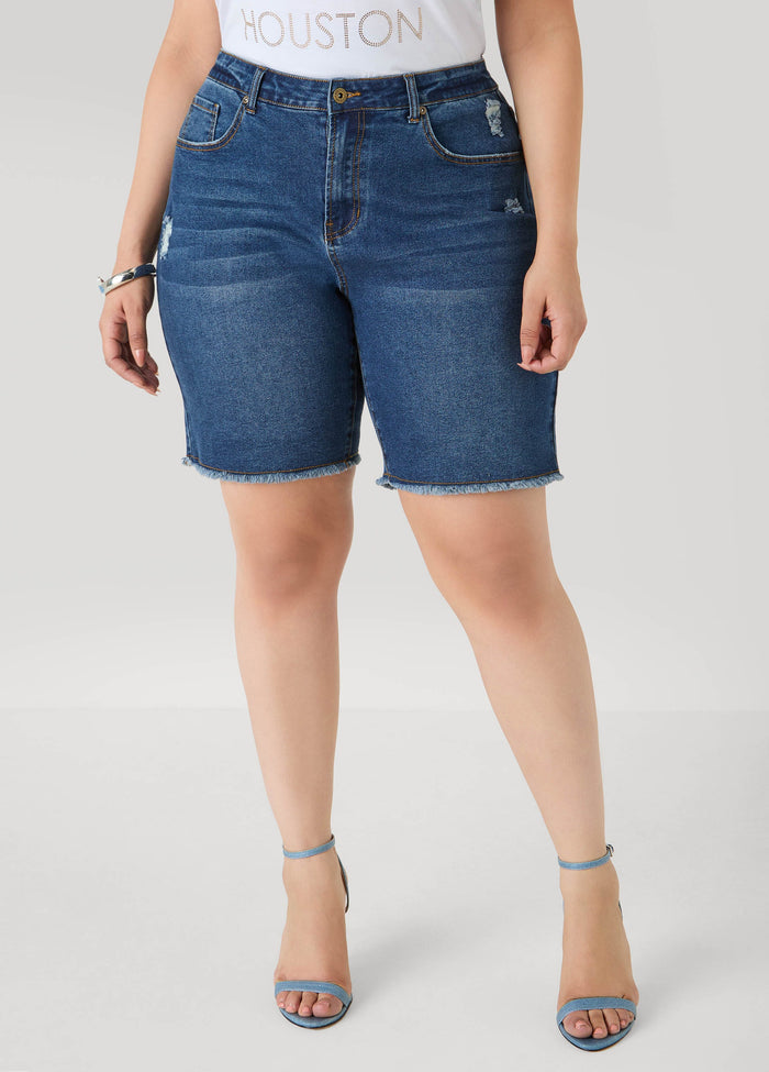 Plus Size High Waist Short Slimming Distressed Denim Shorts