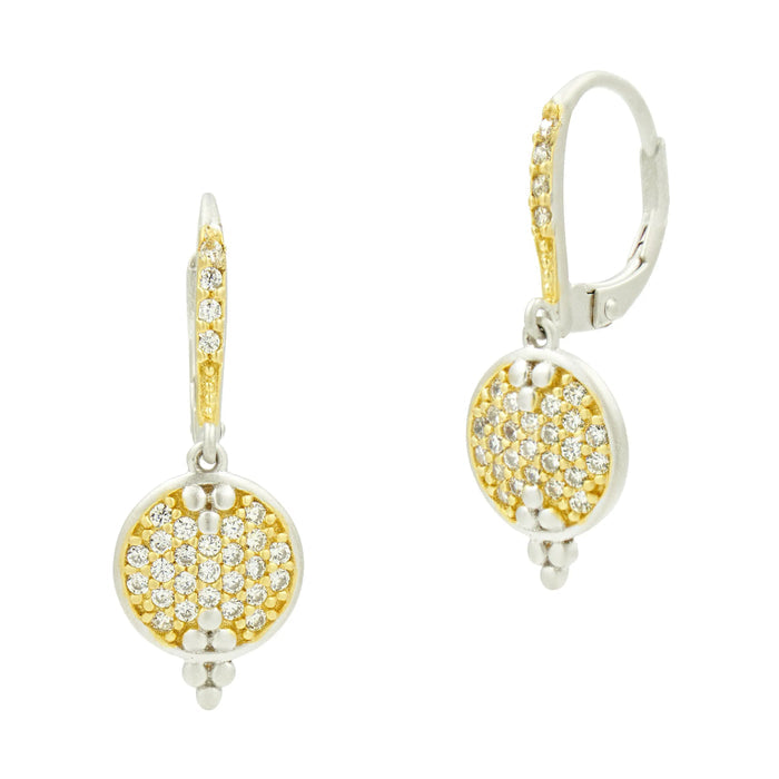 14KGoldandPlatinumonSterlingSilver Fleur Bloom Pav Disc Lever Back Earrings Fleur Bloom EARRING