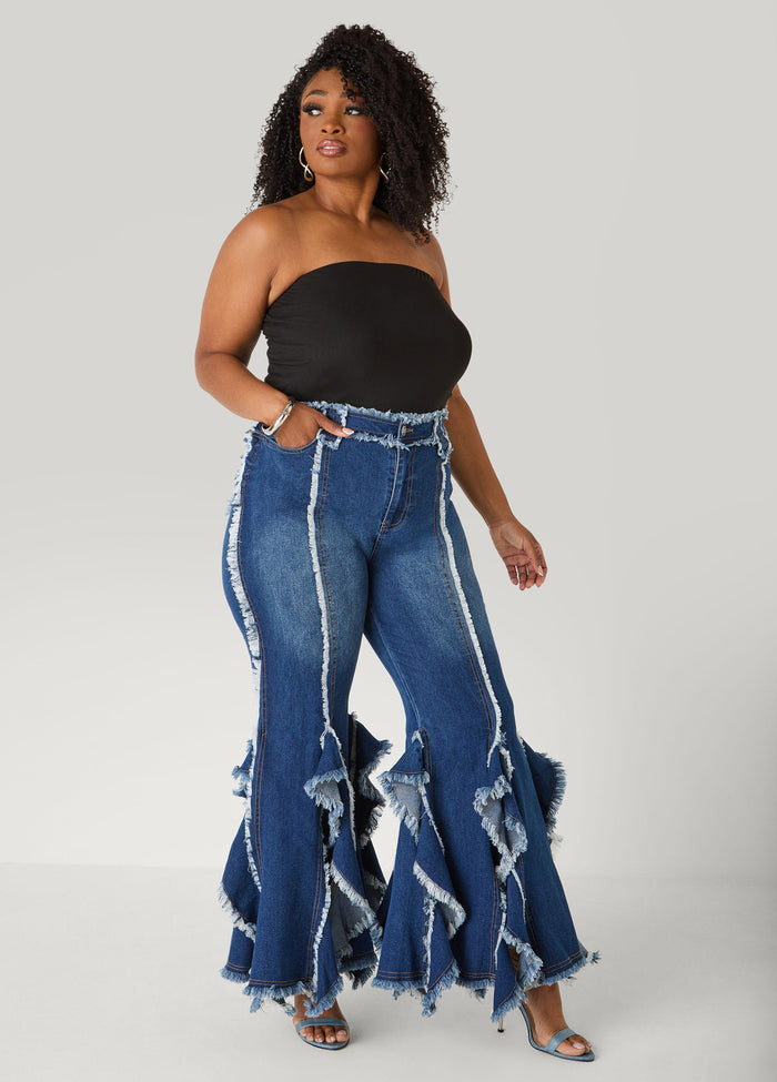 Frayed Ruffle Flared Jeans