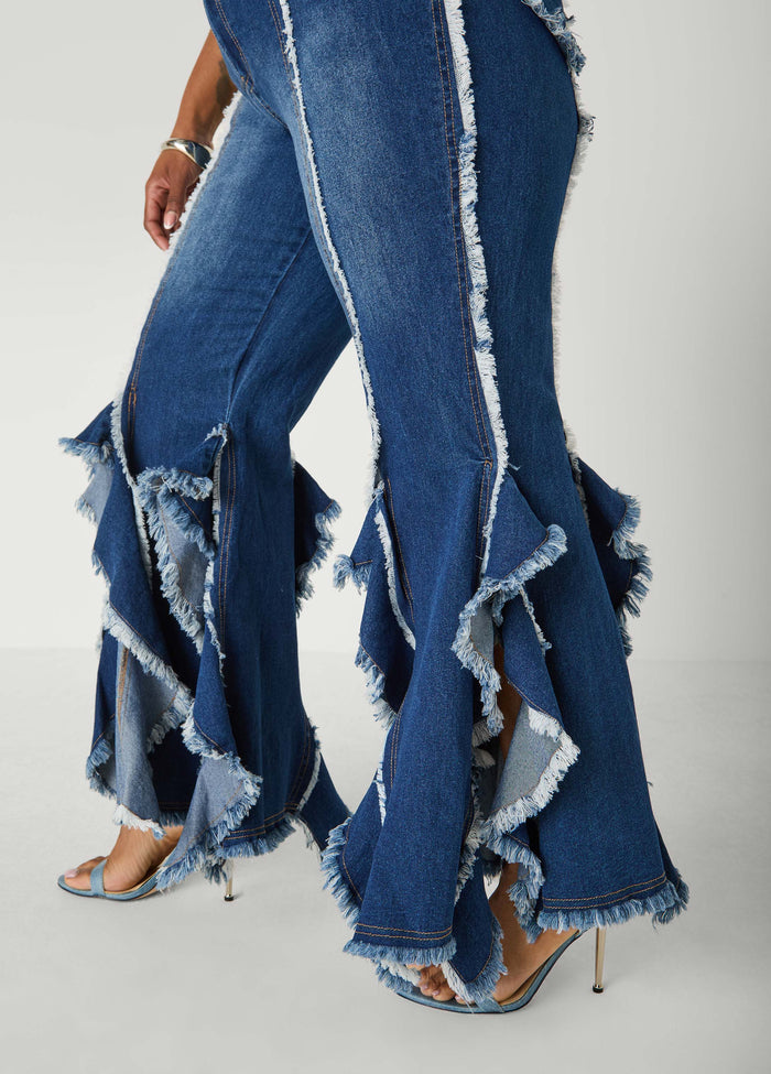 Frayed Ruffle Flared Jeans