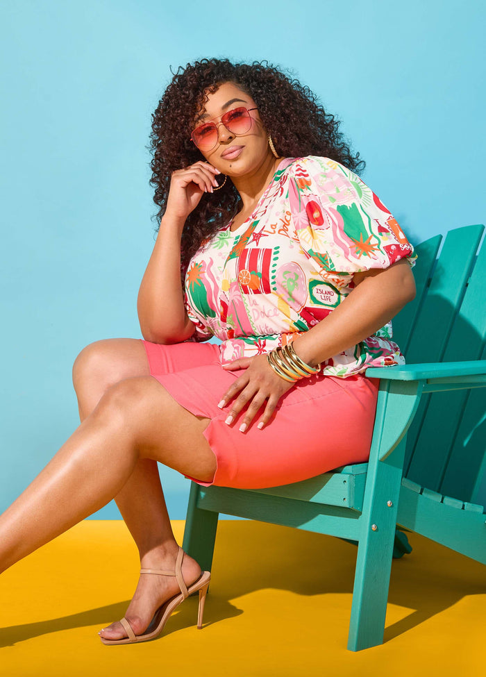 Plus Size Island Vacation Print Bubble Sleeve Knit Peplum Summer Top