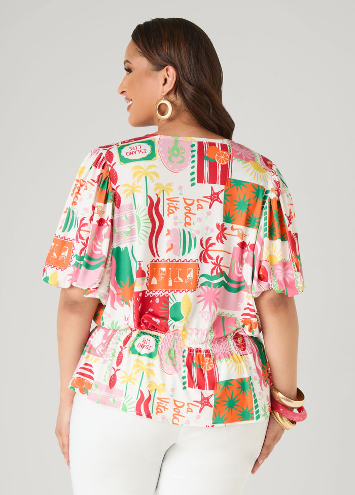 Island Print Bubble Sleeve Top