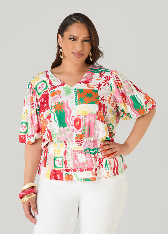 Island Print Bubble Sleeve Top