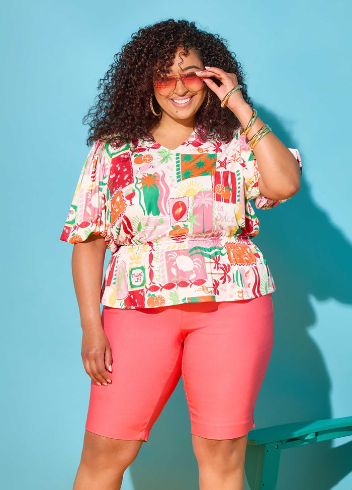 Plus Size Island Vacation Print Bubble Sleeve Knit Peplum Summer Top