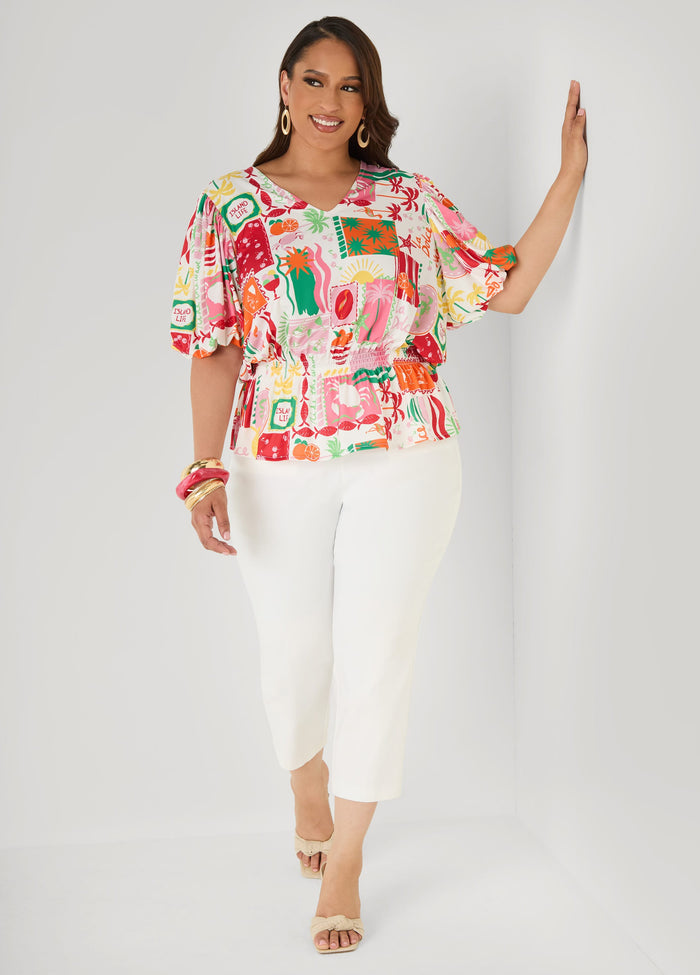 Island Print Bubble Sleeve Top