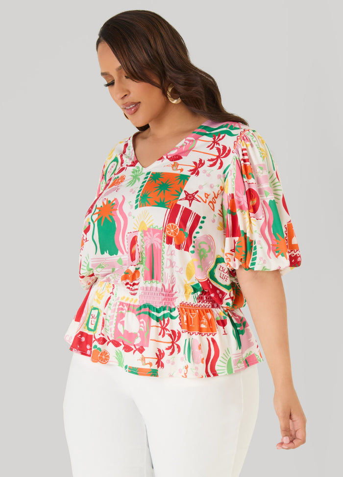 Island Print Bubble Sleeve Top