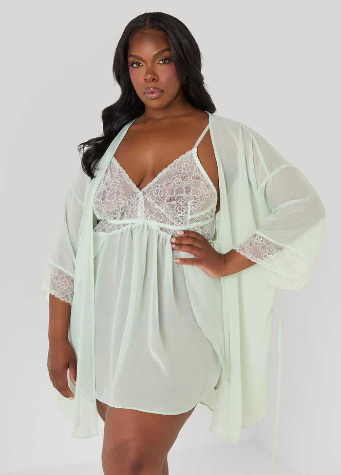 Lace Paneled Babydoll And Robe Set