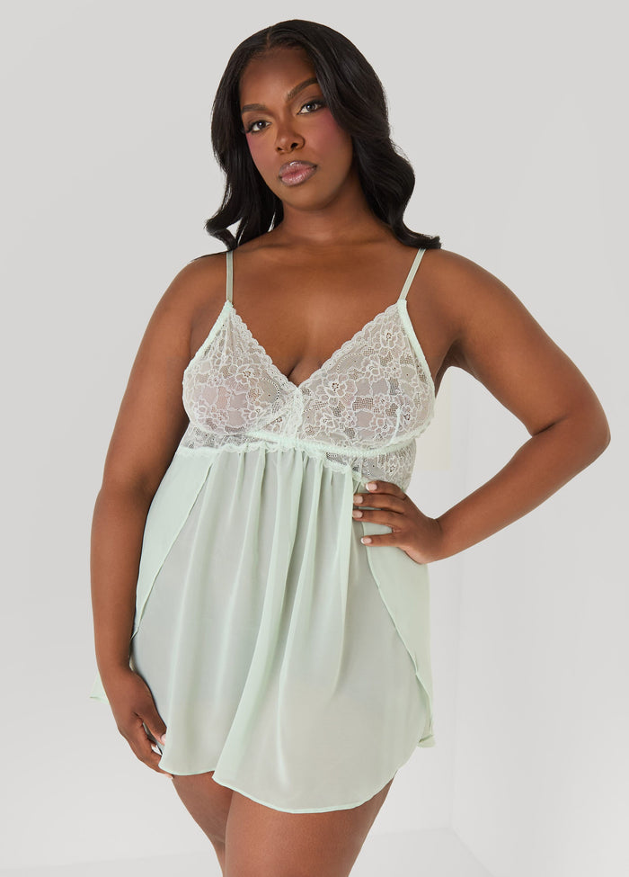 Lace Paneled Babydoll And Robe Set