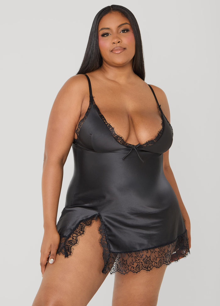 Lace Trimmed Satin Chemise Set