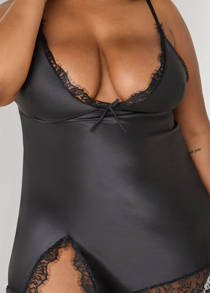 Lace Trimmed Satin Chemise Set
