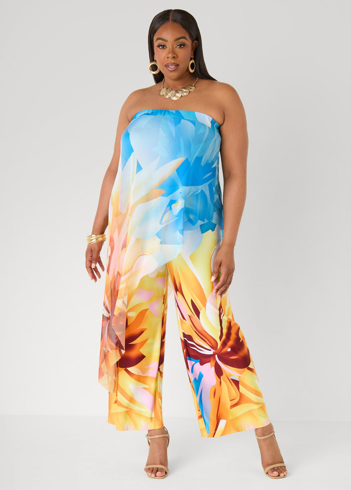 Plus Size Bandeau Jumpsuit Strapless Floral Mesh Summer Jumpsuit