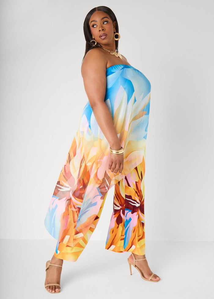 Plus Size Bandeau Jumpsuit Strapless Floral Mesh Summer Jumpsuit