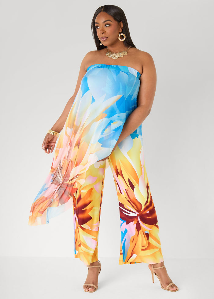 Plus Size Bandeau Jumpsuit Strapless Floral Mesh Summer Jumpsuit