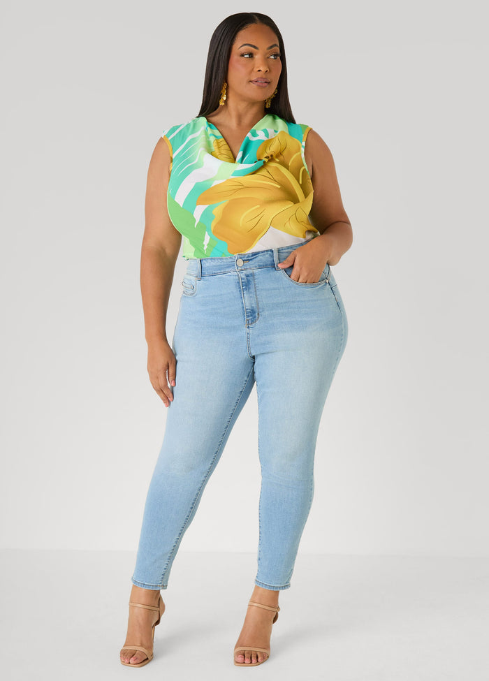 Leaf Print Cowl Neck Top