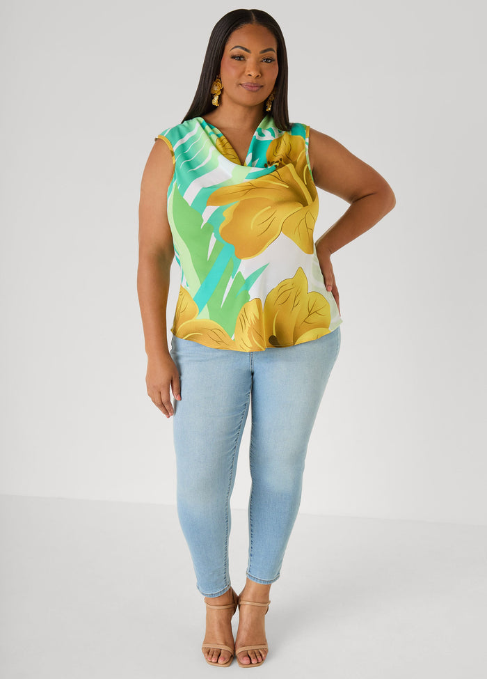 Leaf Print Cowl Neck Top