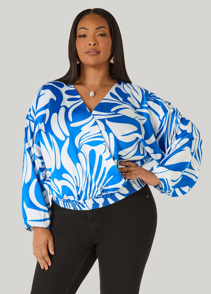 Leaf Print Faux Wrap Top