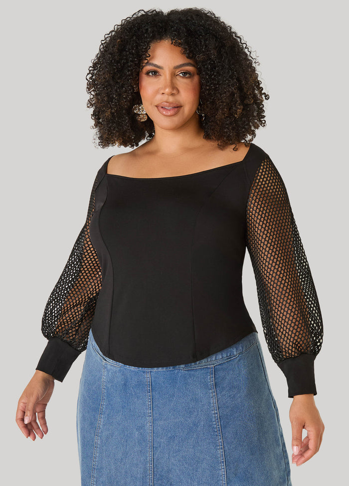 Mesh Sleeved Square Neck Top