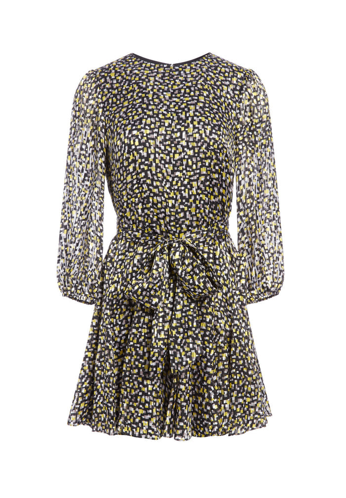 MINA PUFF SLEEVE MINI DRESS - NEON YELLOW/MULTI
