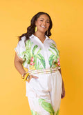 Plus Size Palm Print Satin Crop Top Two Piece Matching Summer Set