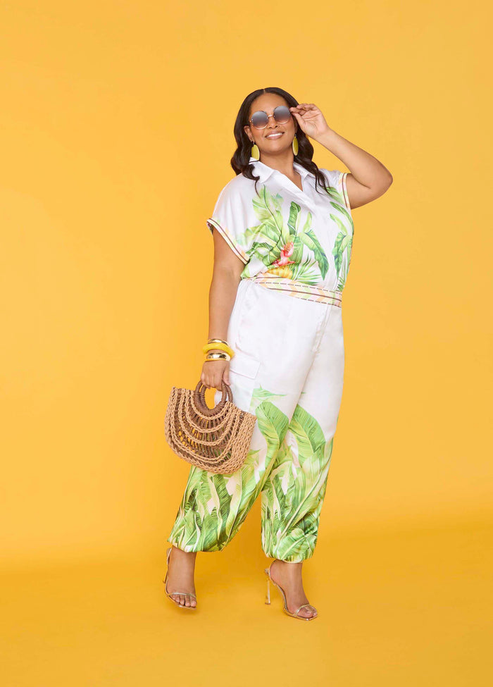 Plus Size Palm Print Satin Crop Top Two Piece Matching Summer Set