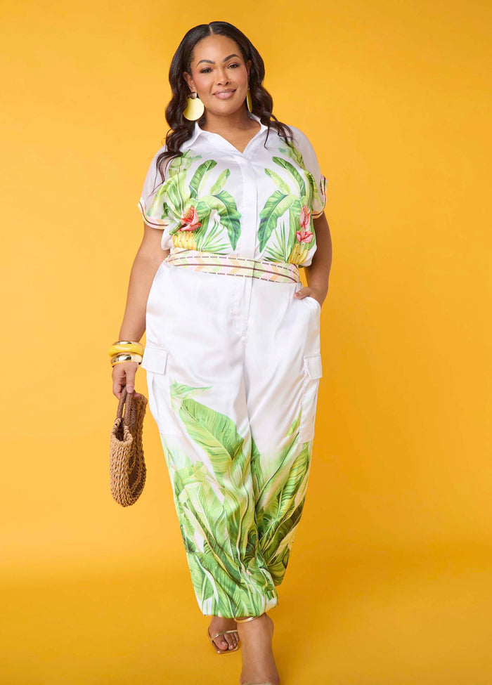 Plus Size Palm Print Satin Crop Top Two Piece Matching Summer Set