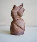 Petite Minimal Bud Vase RM-MINI-5 in speckled brown ceramic, sculptural abstract form on white surface.