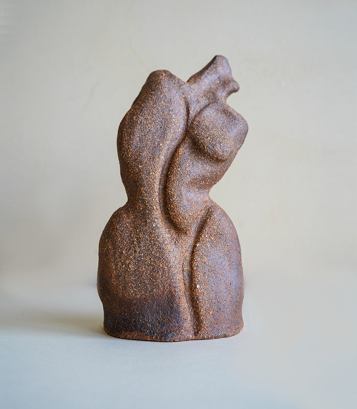 Petite Minimal Bud Vase by RM-MINI-6, bronze and blue speckled ceramic bud vase with sculpted curves