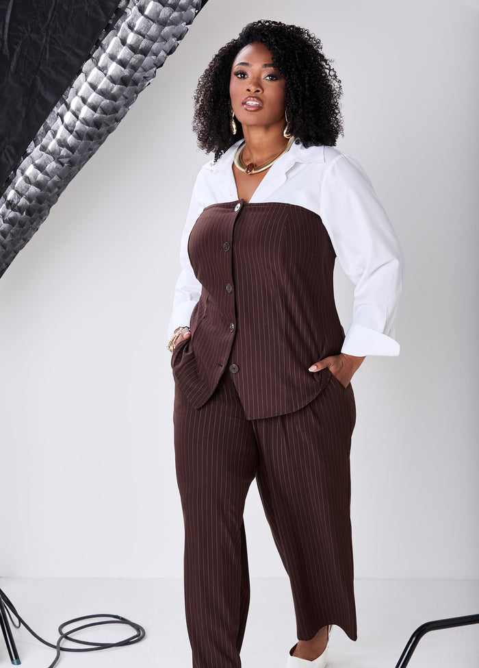 Pinstripe Strapless Button-Front Suiting Vest