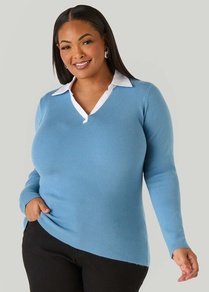 Poplin Paneled V Neck Sweater