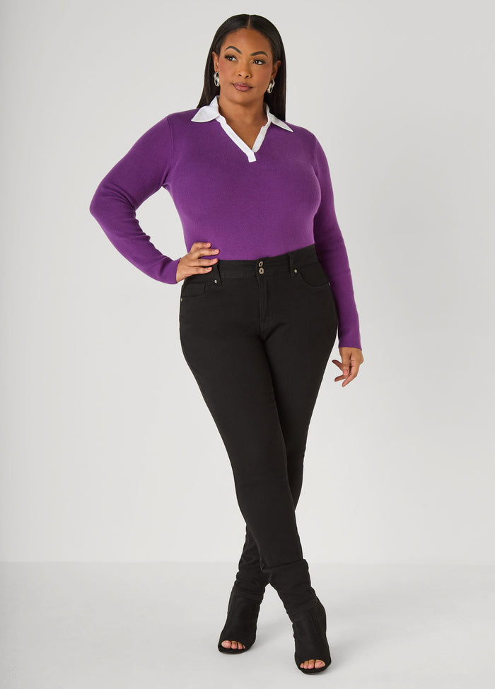 Poplin Paneled V Neck Sweater
