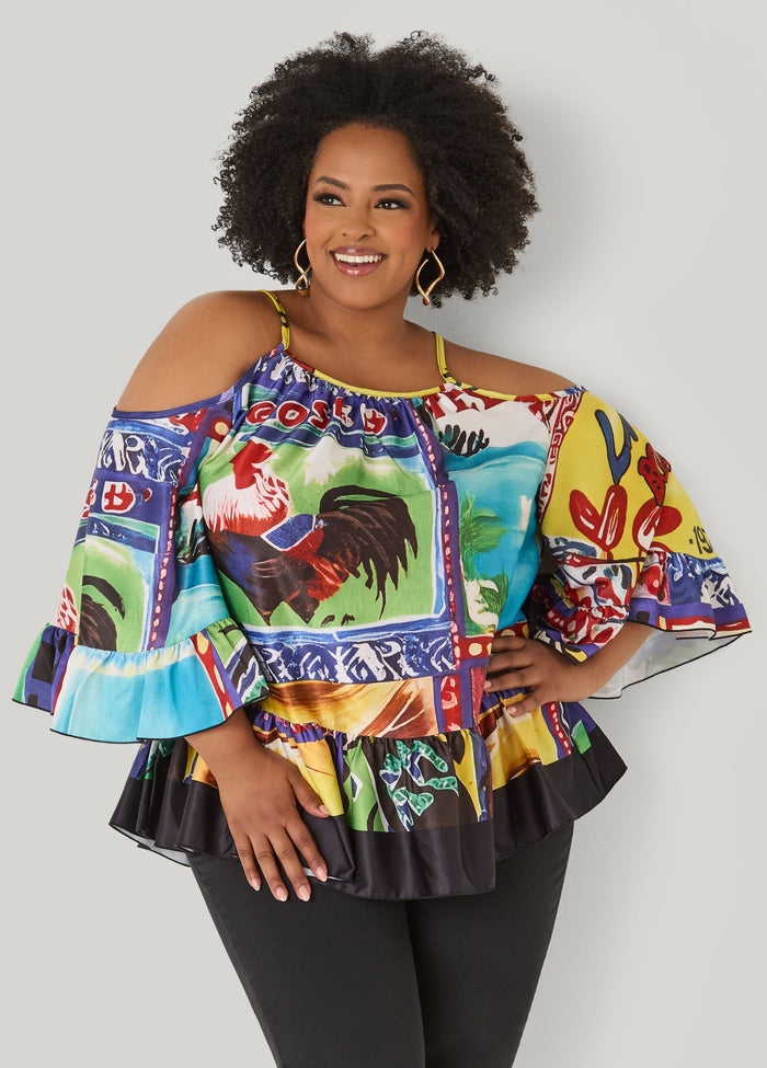 Printed Satin Cold Shoulder Blouse