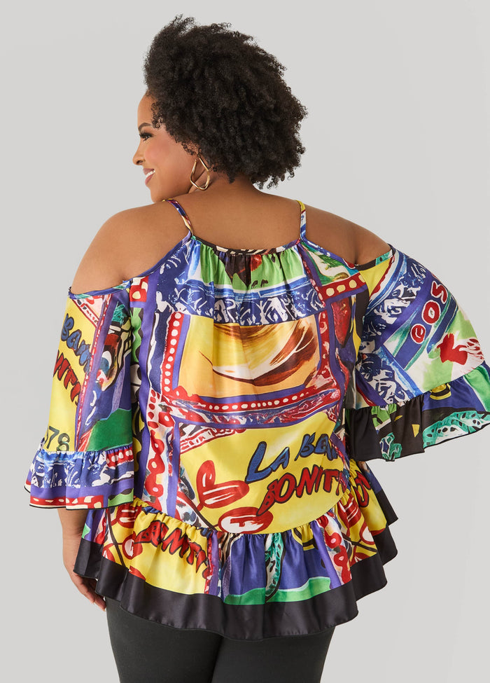 Printed Satin Cold Shoulder Blouse